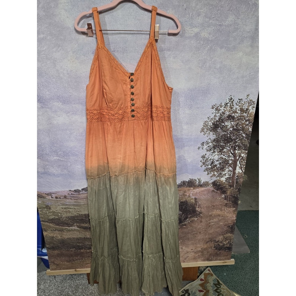 Ashley Stewart Boho Ombré Tiered Maxi Dress Orange Green Lace Details Plus Sz 18 - Picture 2 of 14
